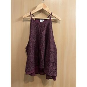 Paper Crane Women's Burgundy Sleeveless Lace Overlay Cropped Camisole Top Large